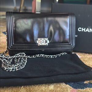 CHANEL Boy Bag Wallet on Chain WOC Glazed Calfskin Silver Hardware Box Dust Bag